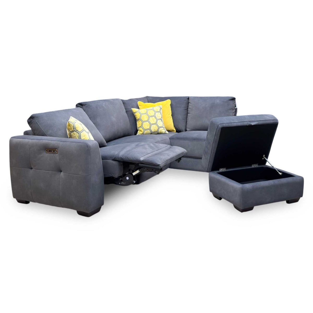 'Dinky’ Dexter Shadow Grey 43519 Velvet Fabric Right Hand Facing Power Recliner Corner Sofa + Large Storage Footstool