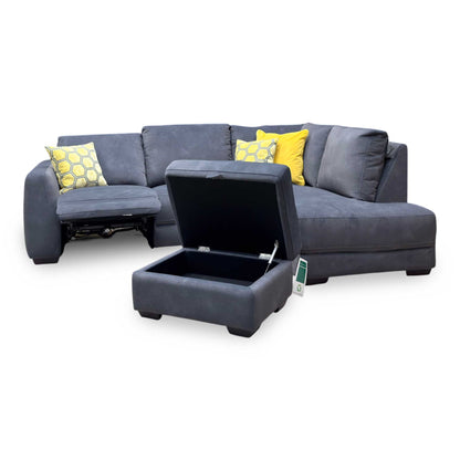 'Dinky’ Dexter Shadow Grey 43519 Velvet Fabric Right Hand Facing Power Recliner Corner Sofa + Large Storage Footstool