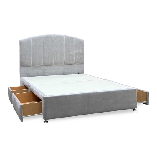 Bow Aston Silver Linen Fabric Floor Standing Headboard + 4 Drawer Continental Base - King