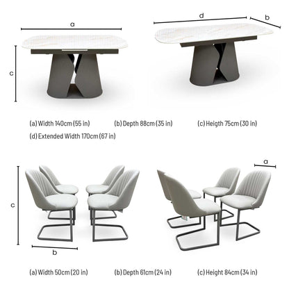 'Ivy' Neutral Marble Effect Ceramic Top 140cm Extending Dining Table with Pale Grey Faux Leather Cantilever Dining Chairs - Set of 4