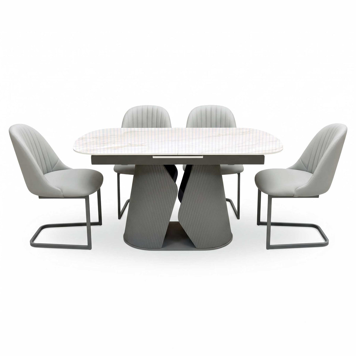 'Ivy' Neutral Marble Effect Ceramic Top 140cm Extending Dining Table with Pale Grey Faux Leather Cantilever Dining Chairs - Set of 4