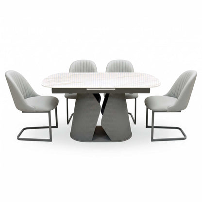 'Ivy' Neutral Marble Effect Ceramic Top 140cm Extending Dining Table with Pale Grey Faux Leather Cantilever Dining Chairs - Set of 4