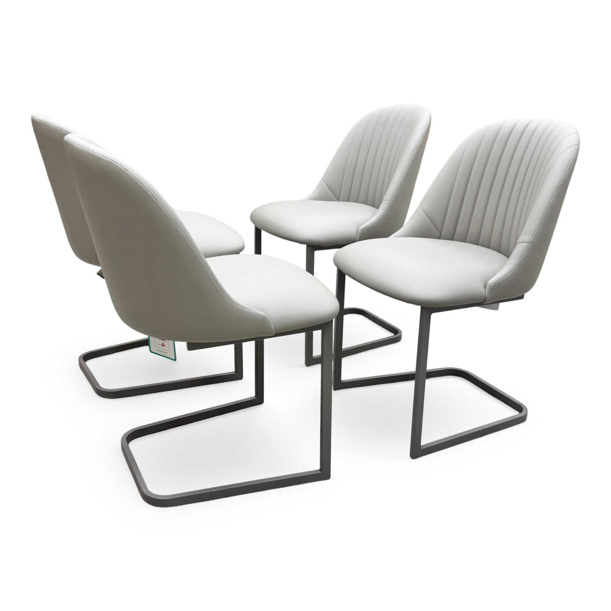 'Ivy' Neutral Marble Effect Ceramic Top 140cm Extending Dining Table with Pale Grey Faux Leather Cantilever Dining Chairs - Set of 4