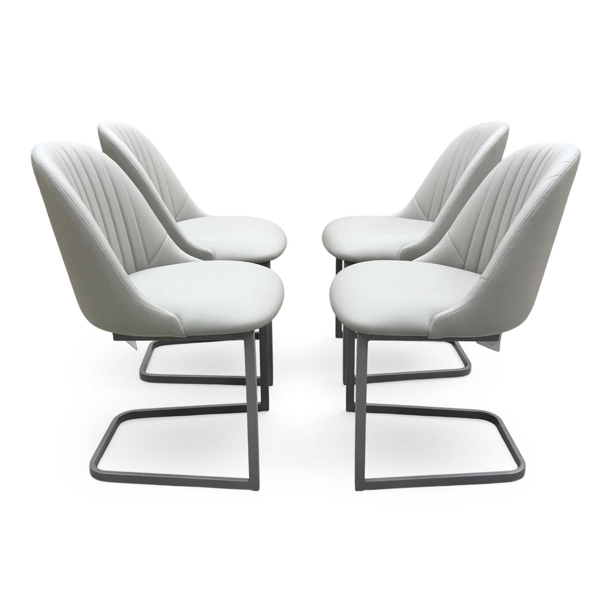 'Ivy' Neutral Marble Effect Ceramic Top 140cm Extending Dining Table with Pale Grey Faux Leather Cantilever Dining Chairs - Set of 4
