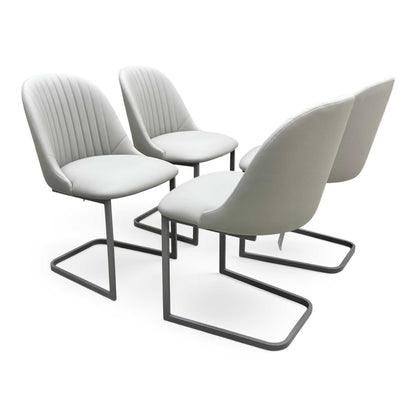 'Ivy' Neutral Marble Effect Ceramic Top 140cm Extending Dining Table with Pale Grey Faux Leather Cantilever Dining Chairs - Set of 4