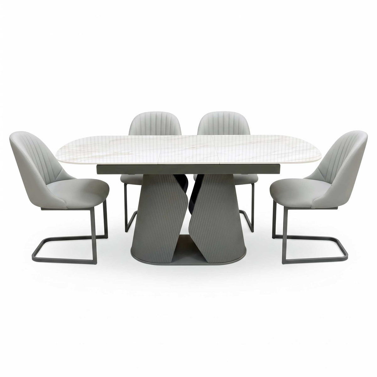 'Ivy' Neutral Marble Effect Ceramic Top 140cm Extending Dining Table with Pale Grey Faux Leather Cantilever Dining Chairs - Set of 4