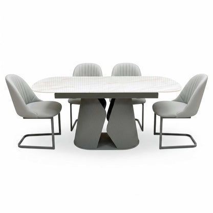 'Ivy' Neutral Marble Effect Ceramic Top 140cm Extending Dining Table with Pale Grey Faux Leather Cantilever Dining Chairs - Set of 4