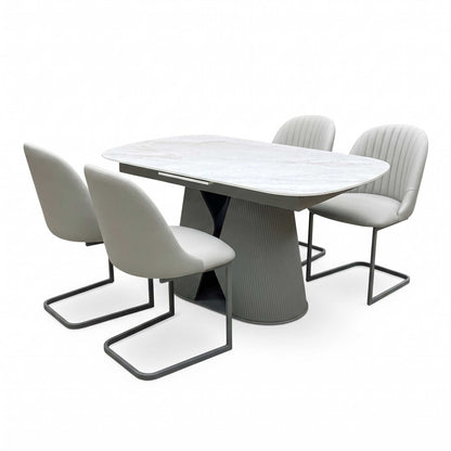 'Ivy' Neutral Marble Effect Ceramic Top 140cm Extending Dining Table with Pale Grey Faux Leather Cantilever Dining Chairs - Set of 4