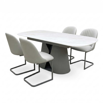 'Ivy' Neutral Marble Effect Ceramic Top 140cm Extending Dining Table with Pale Grey Faux Leather Cantilever Dining Chairs - Set of 4