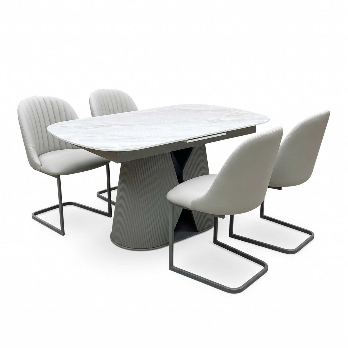 'Ivy' Neutral Marble Effect Ceramic Top 140cm Extending Dining Table with Pale Grey Faux Leather Cantilever Dining Chairs - Set of 4