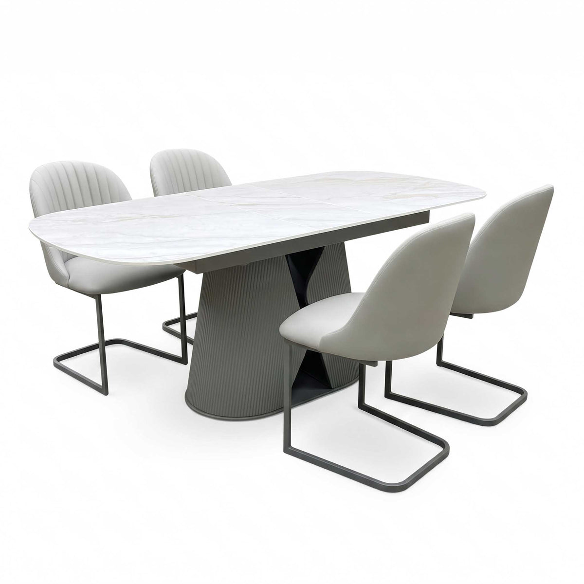 'Ivy' Neutral Marble Effect Ceramic Top 140cm Extending Dining Table with Pale Grey Faux Leather Cantilever Dining Chairs - Set of 4