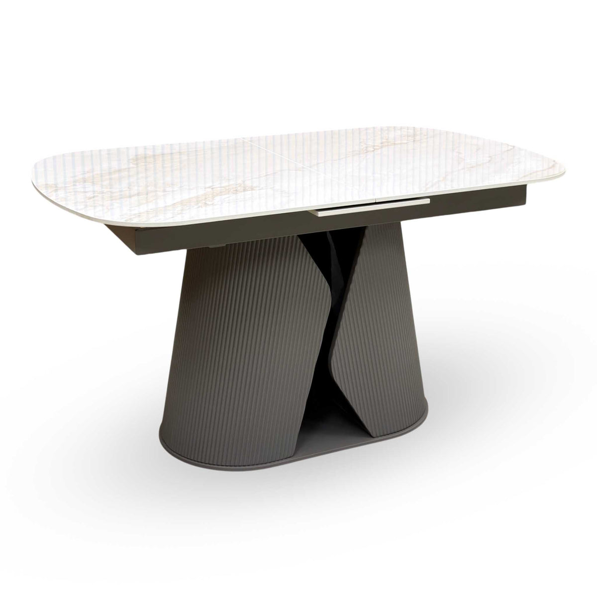 'Ivy' Neutral Marble Effect Ceramic Top 140cm Extending Dining Table with Pale Grey Faux Leather Cantilever Dining Chairs - Set of 4