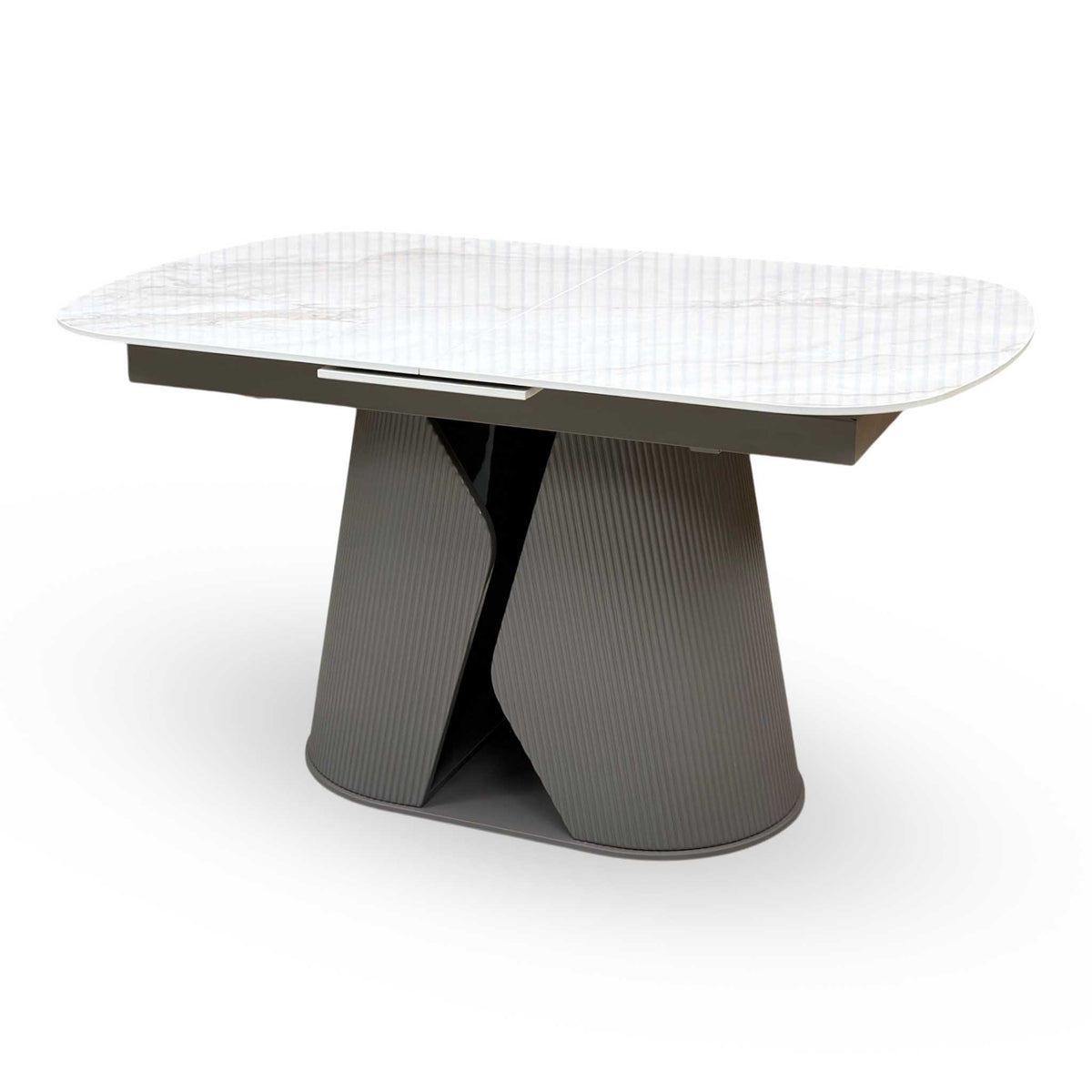 'Ivy' Neutral Marble Effect Ceramic Top 140cm Extending Dining Table with Pale Grey Faux Leather Cantilever Dining Chairs - Set of 4