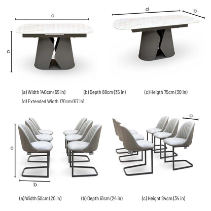 'Ivy' Neutral Marble Effect Ceramic Top 140cm Extending Dining Table + 6 Taupe Faux Leather Cantilever Chairs
