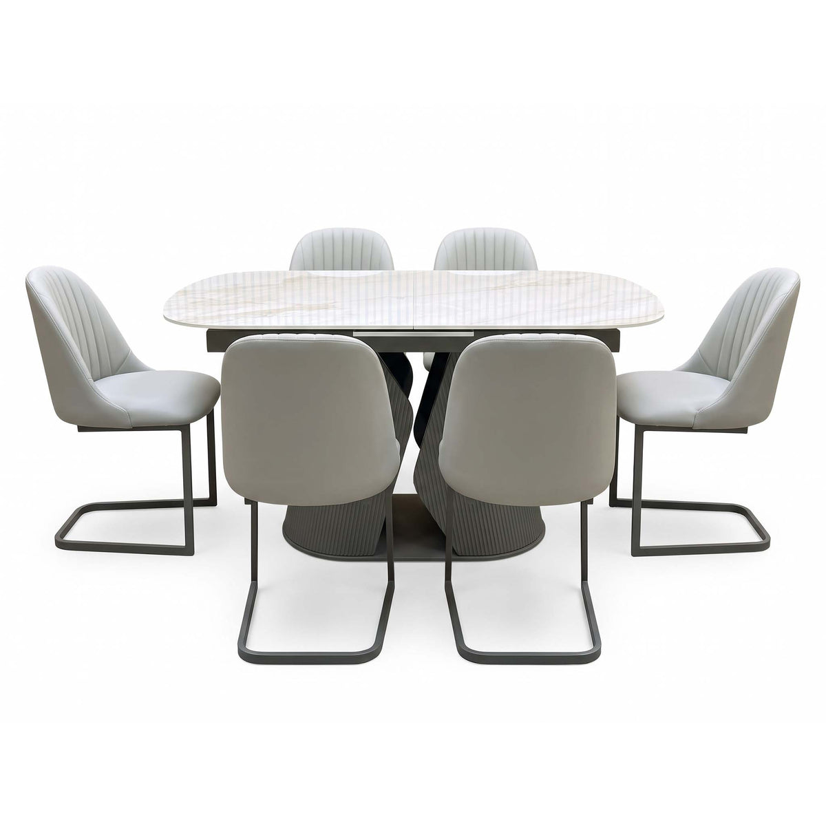 'Ivy' Neutral Marble Effect Ceramic Top 140cm Extending Dining Table + 6 Taupe Faux Leather Cantilever Chairs