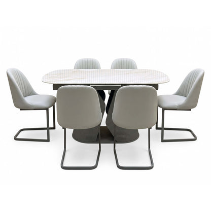 'Ivy' Neutral Marble Effect Ceramic Top 140cm Extending Dining Table + 6 Taupe Faux Leather Cantilever Chairs