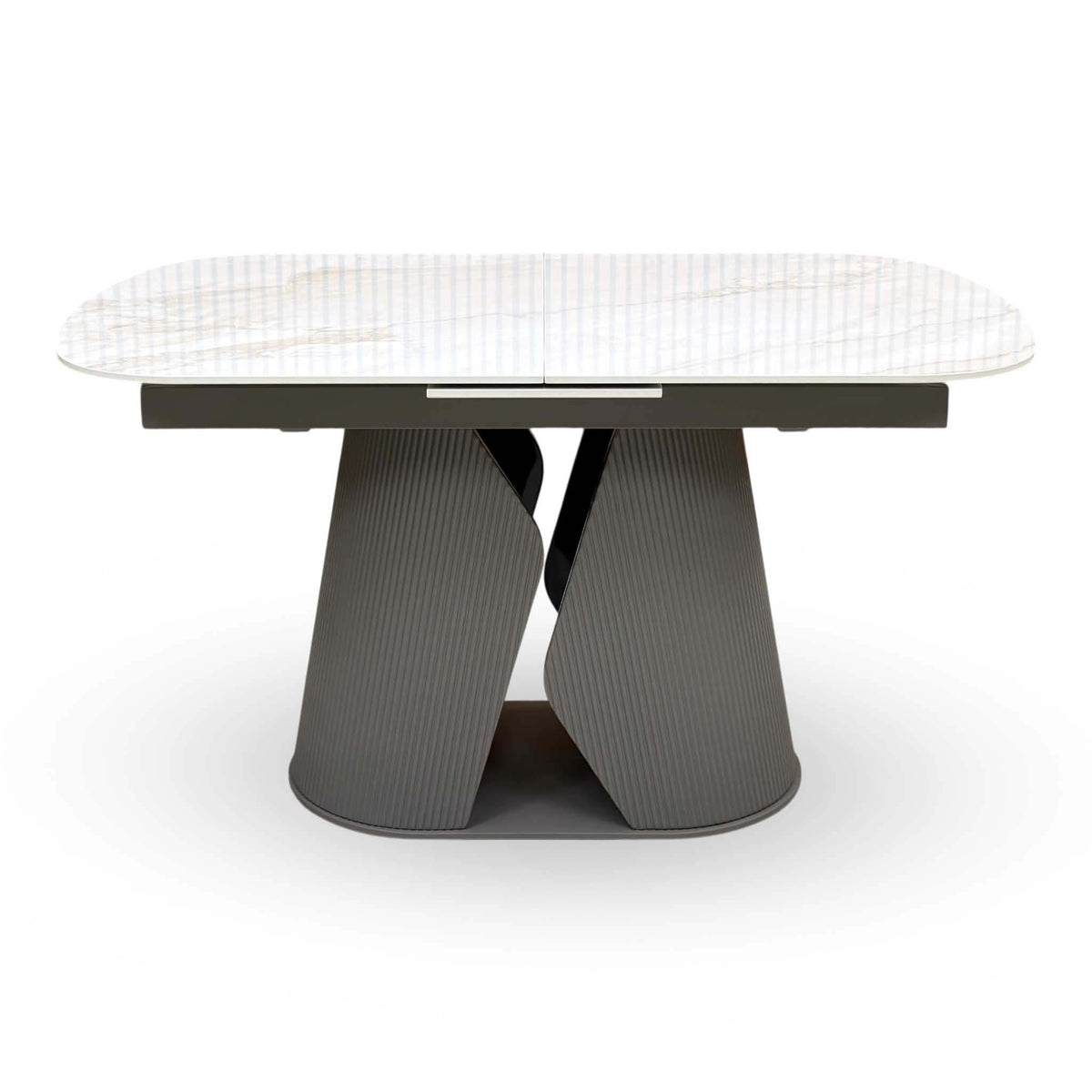 'Ivy' Neutral Marble Effect Ceramic Top 140cm Extending Dining Table + 6 Taupe Faux Leather Cantilever Chairs