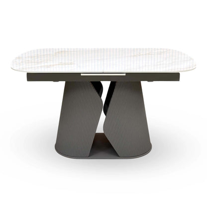 'Ivy' Neutral Marble Effect Ceramic Top 140cm Extending Dining Table + 6 Taupe Faux Leather Cantilever Chairs