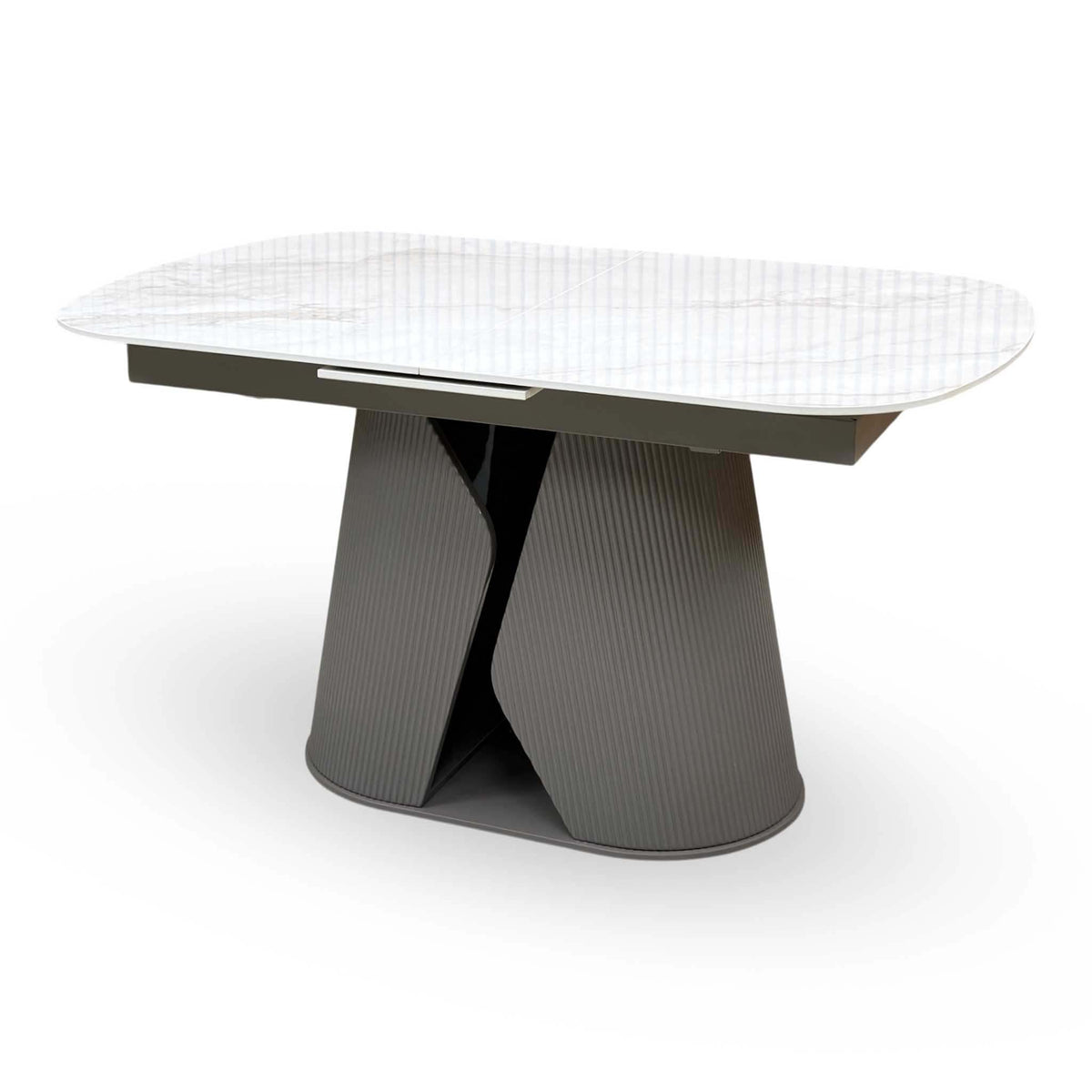 'Ivy' Neutral Marble Effect Ceramic Top 140cm Extending Dining Table + 6 Taupe Faux Leather Cantilever Chairs