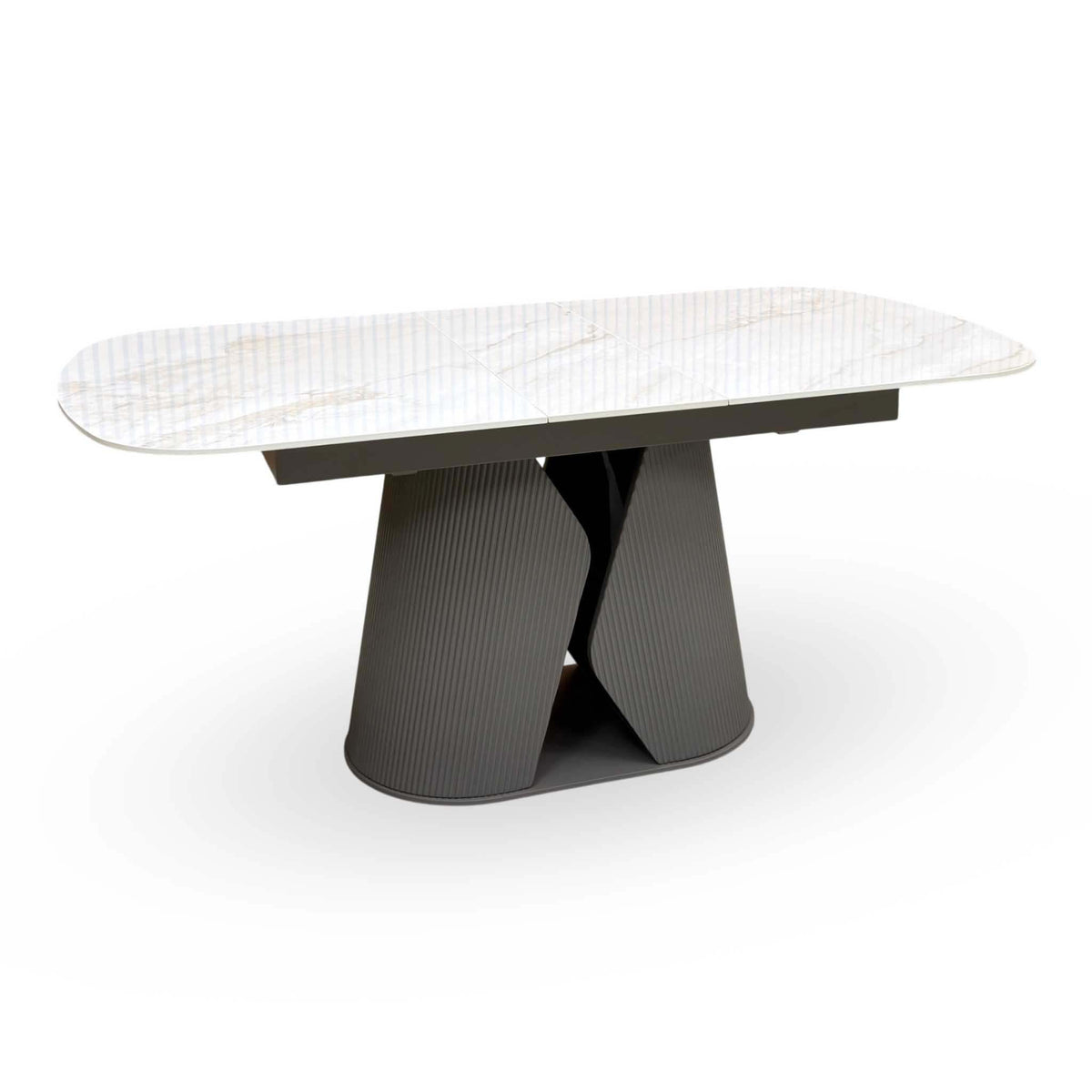 'Ivy' Neutral Marble Effect Ceramic Top 140cm Extending Dining Table + 6 Taupe Faux Leather Cantilever Chairs
