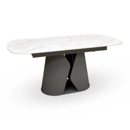 'Ivy' Neutral Marble Effect Ceramic Top 140cm Extending Dining Table + 6 Taupe Faux Leather Cantilever Chairs