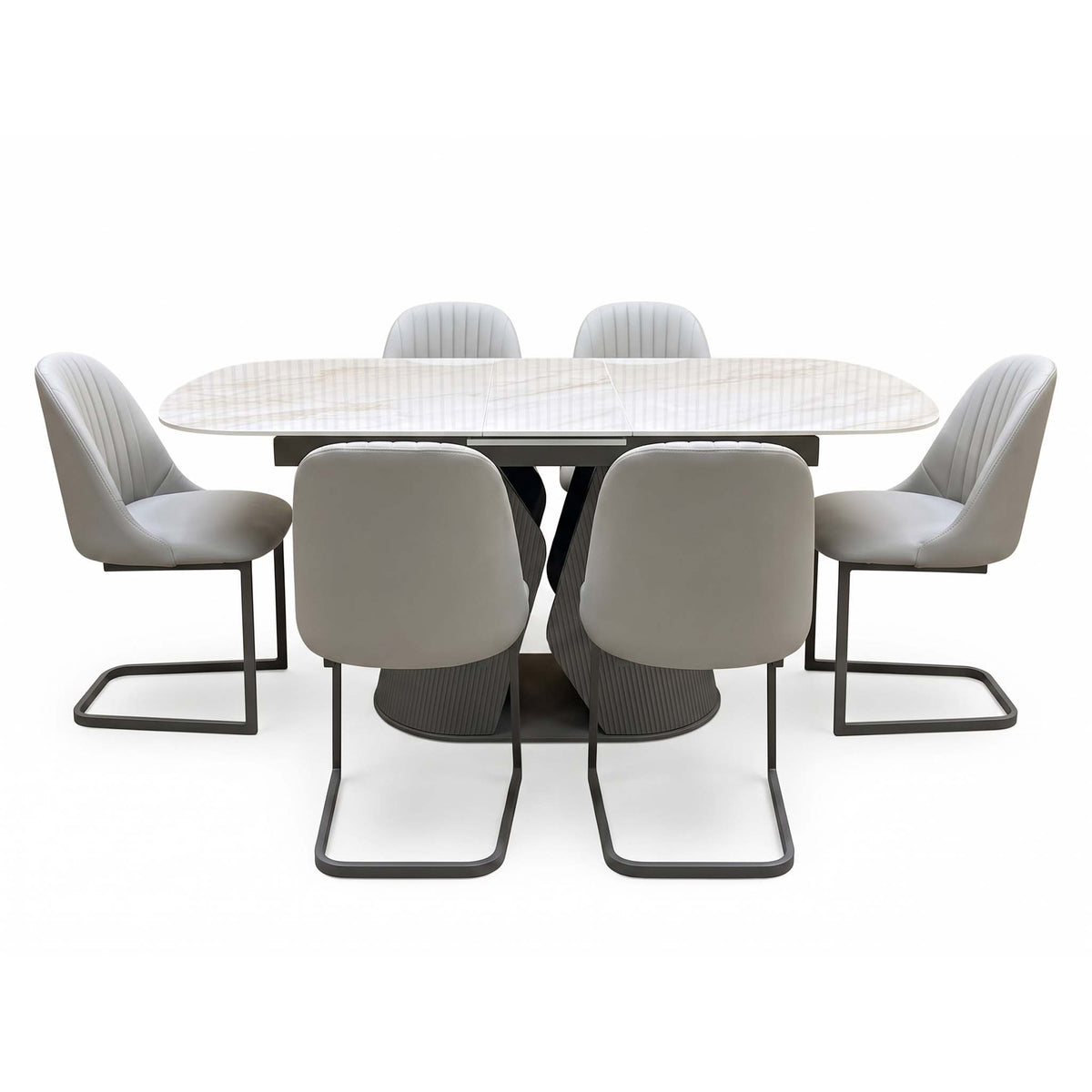 'Ivy' Neutral Marble Effect Ceramic Top 140cm Extending Dining Table + 6 Taupe Faux Leather Cantilever Chairs