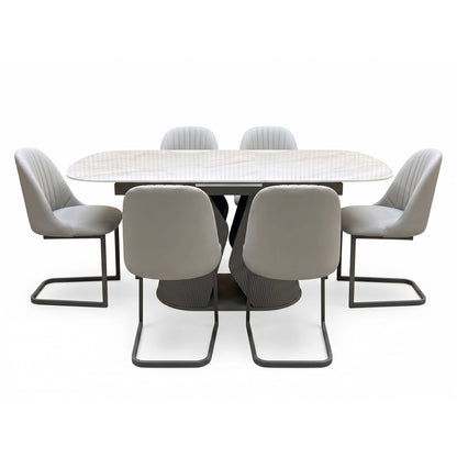 'Ivy' Neutral Marble Effect Ceramic Top 140cm Extending Dining Table + 6 Taupe Faux Leather Cantilever Chairs