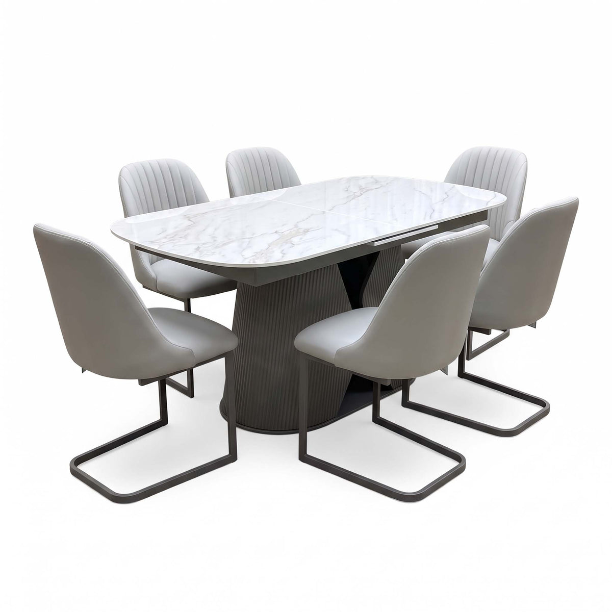 'Ivy' Neutral Marble Effect Ceramic Top 140cm Extending Dining Table + 6 Taupe Faux Leather Cantilever Chairs