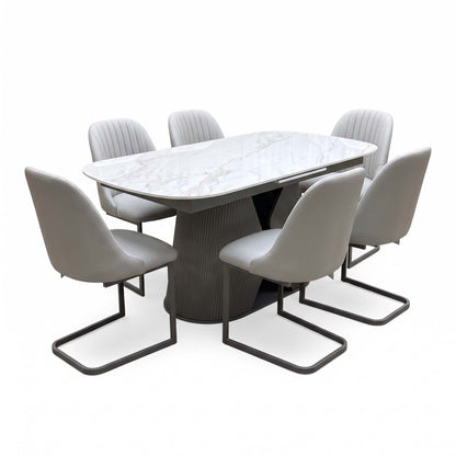 'Ivy' Neutral Marble Effect Ceramic Top 140cm Extending Dining Table + 6 Taupe Faux Leather Cantilever Chairs