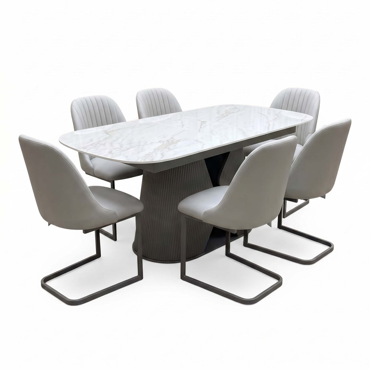 'Ivy' Neutral Marble Effect Ceramic Top 140cm Extending Dining Table + 6 Taupe Faux Leather Cantilever Chairs