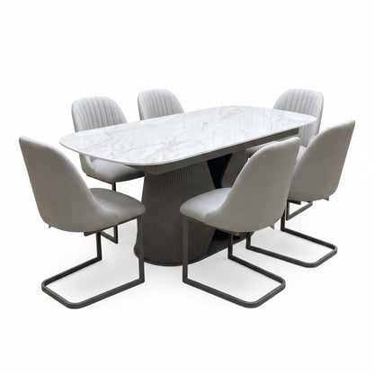 'Ivy' Neutral Marble Effect Ceramic Top 140cm Extending Dining Table + 6 Taupe Faux Leather Cantilever Chairs
