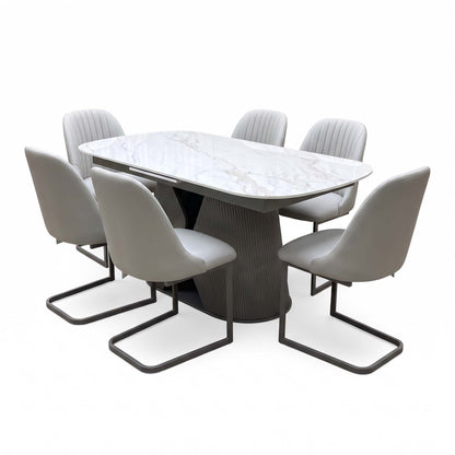 'Ivy' Neutral Marble Effect Ceramic Top 140cm Extending Dining Table + 6 Taupe Faux Leather Cantilever Chairs