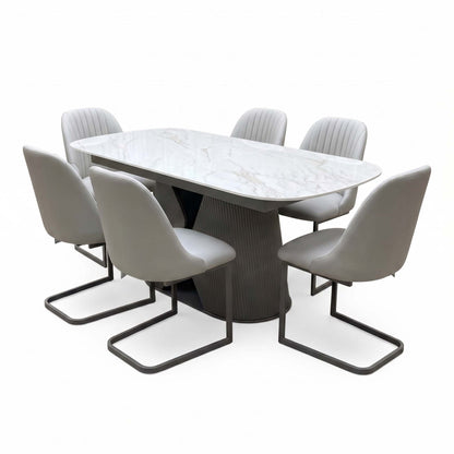 'Ivy' Neutral Marble Effect Ceramic Top 140cm Extending Dining Table + 6 Taupe Faux Leather Cantilever Chairs