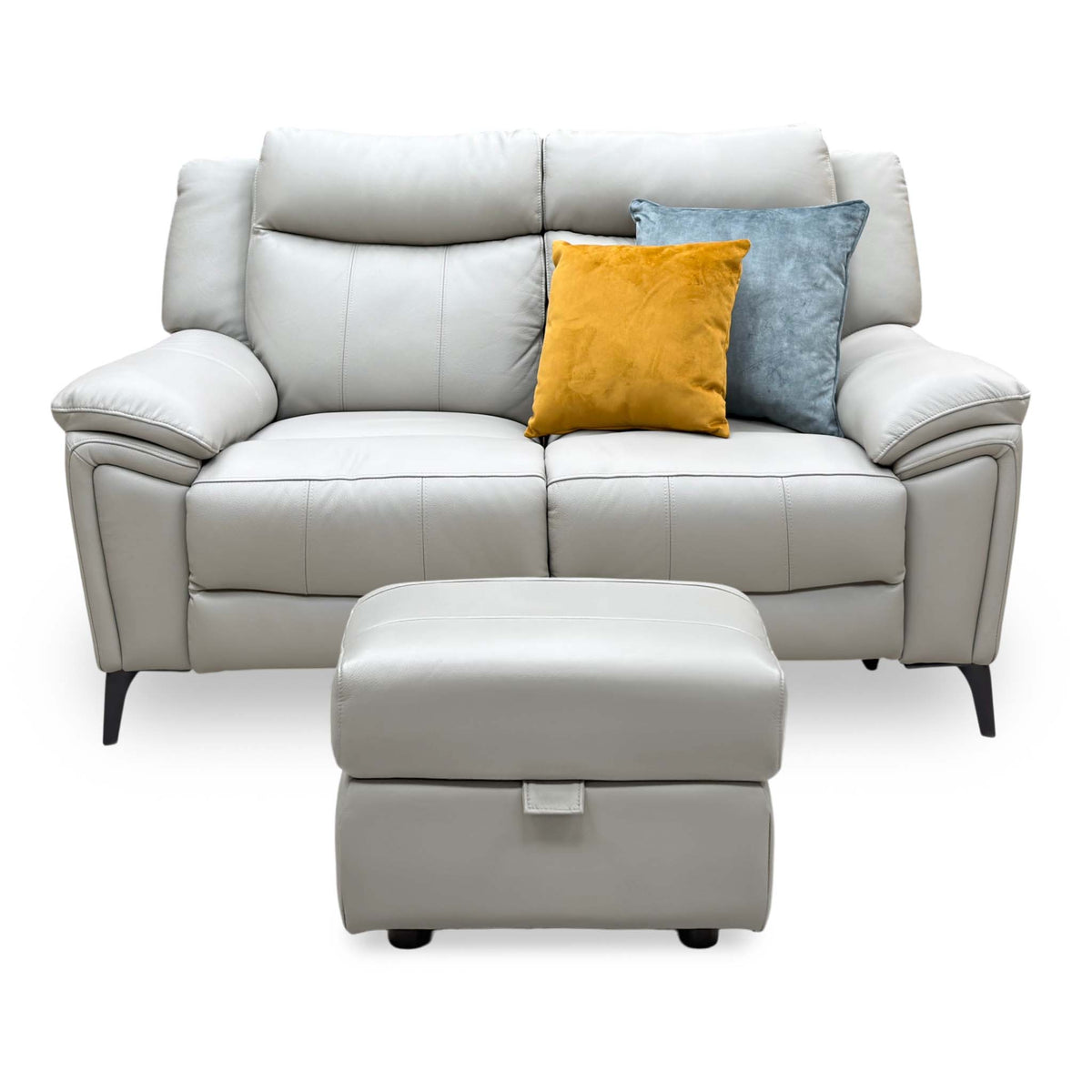Front view of the Panache lead grey leather 2 seater power recliner sofa with the footstool in front