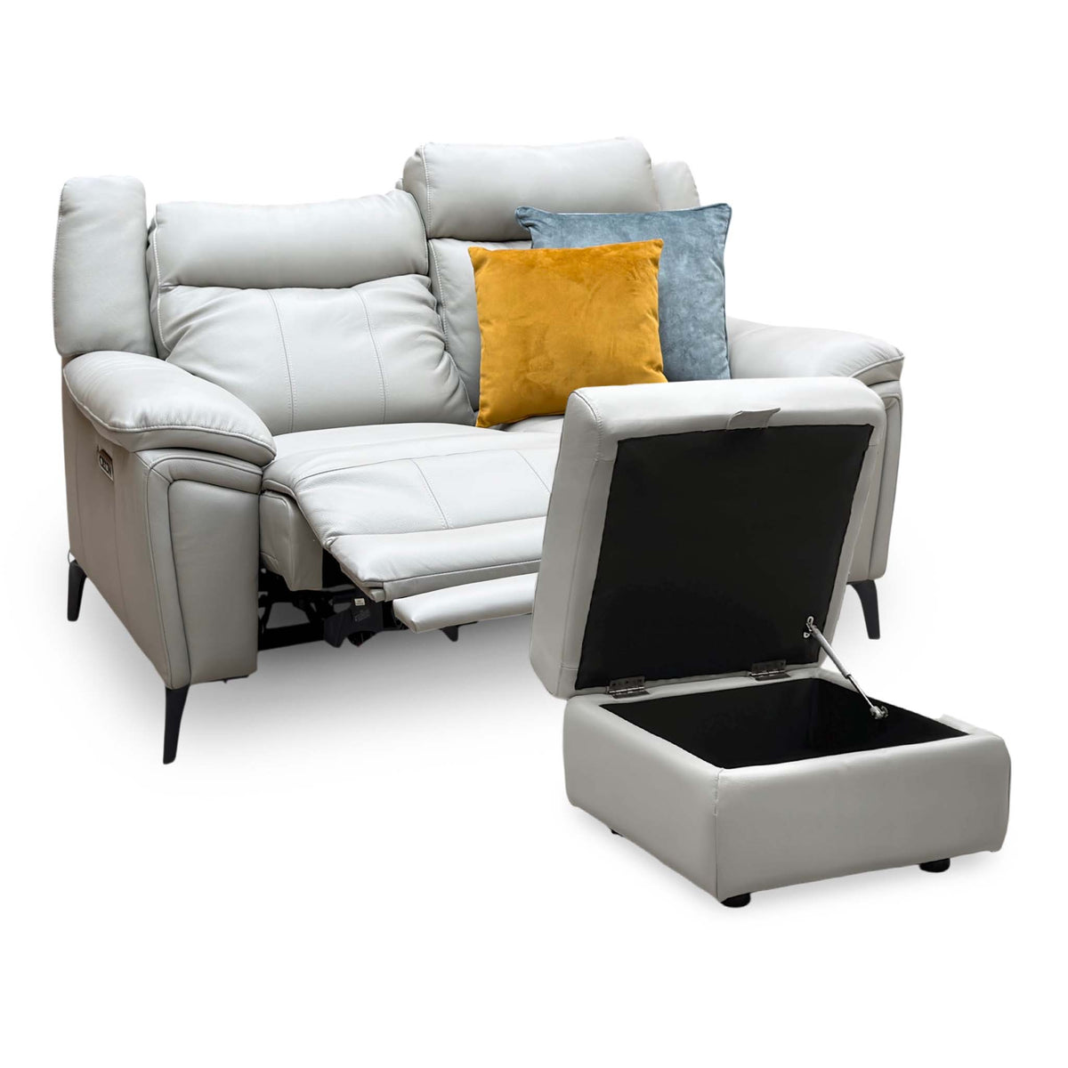 Panache lead grey leather 2 seater sofa with one seat reclined and the storage footstool lid open