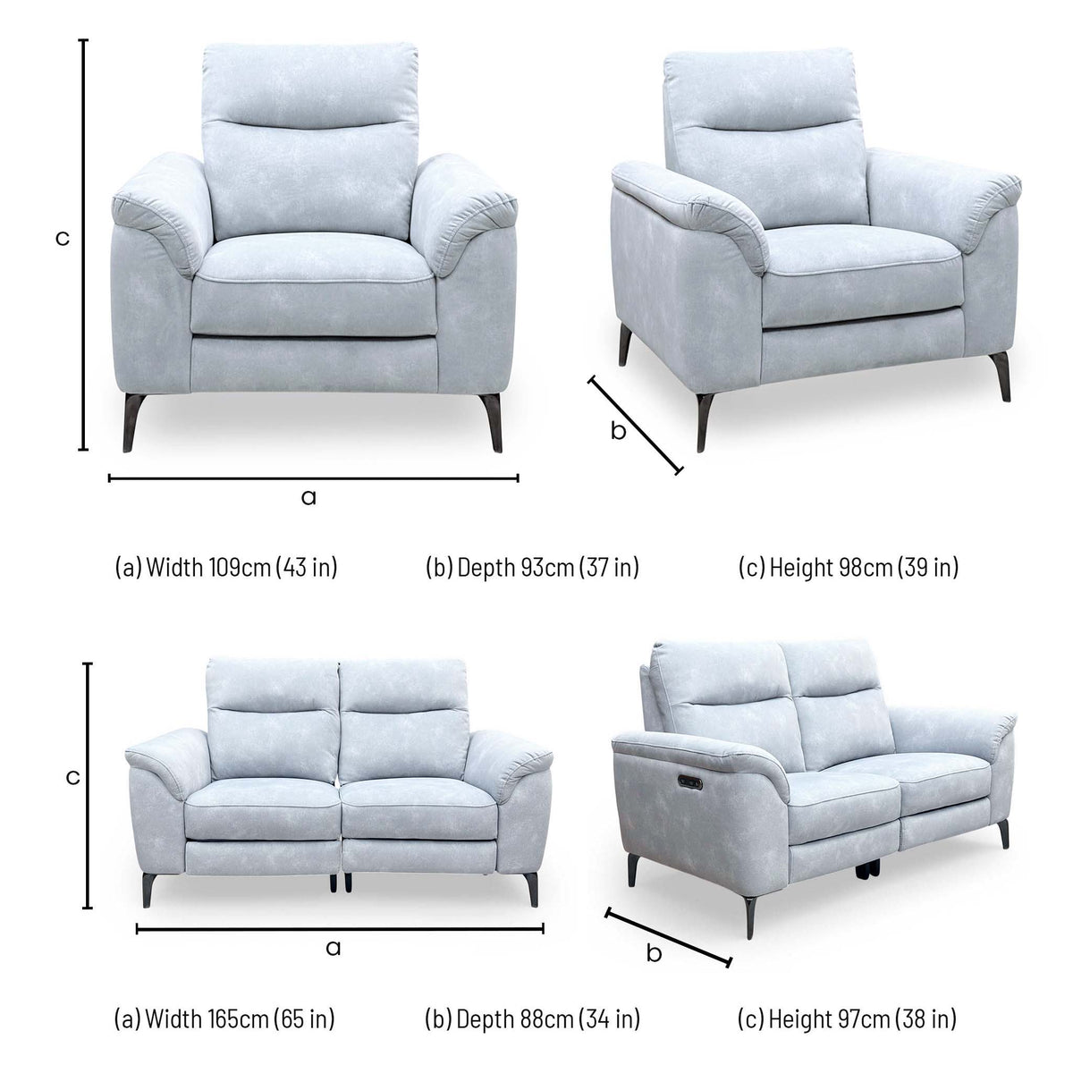 Morgan Dexter smoke grey sofa and armchair set dimensions: armchair W109 D93 H98cm, sofa W165 D88 H97cm