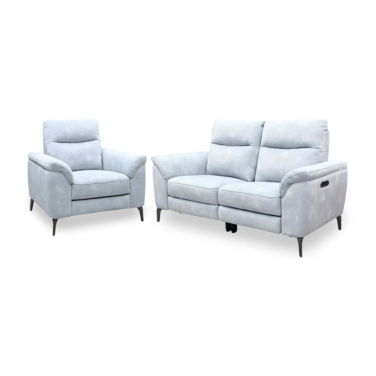 Morgan Dexter smoke grey velvet 2 seater power recliner sofa and armchair set, armchair on the left