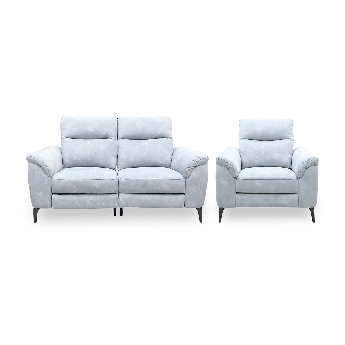 Front view of the Morgan Dexter smoke grey velvet 2 seater power recliner sofa and armchair set