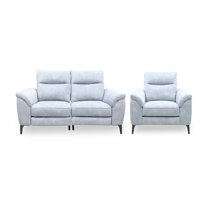 Front view of the Morgan Dexter smoke grey velvet 2 seater power recliner sofa and armchair set