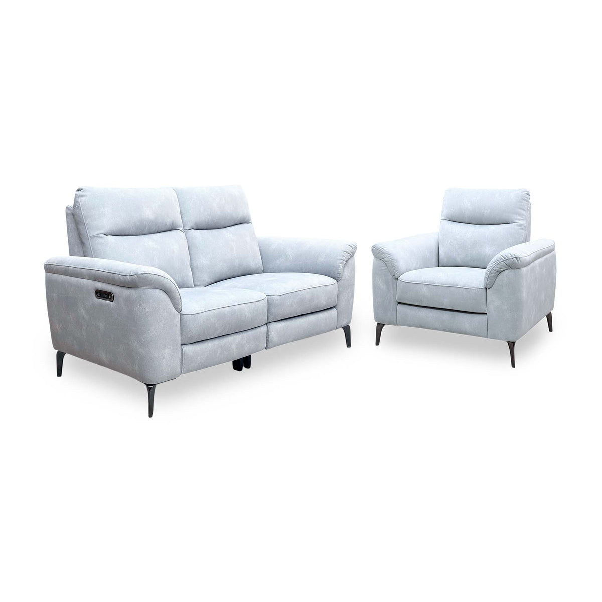 Morgan Dexter smoke grey velvet power recliner sofa and armchair set, angled to show the sofa power buttons