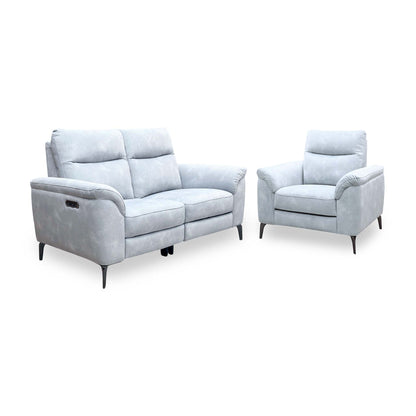 Morgan Dexter smoke grey velvet power recliner sofa and armchair set, angled to show the sofa power buttons