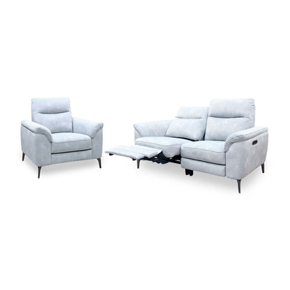 Morgan Dexter smoke grey velvet sofa and armchair set with the sofa's left seat in the reclined position