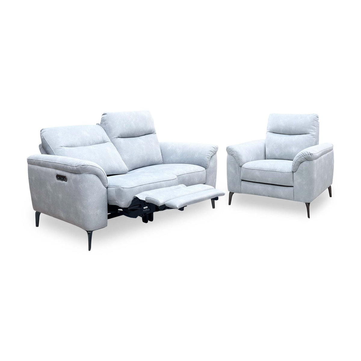 Morgan Dexter smoke grey velvet 2 seater power recliner sofa and armchair set, sofa seat reclined