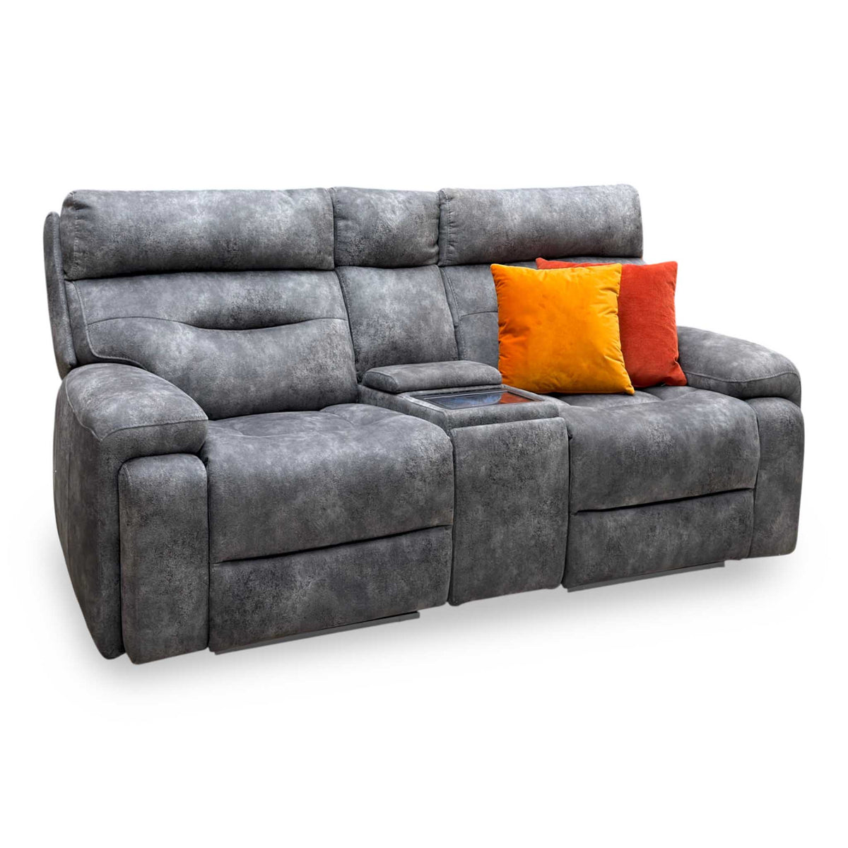 ‘Cinemax’ Marque Seal Grey Mq-0106 Fabric 2 Seater Media Console Power Recliner Sofa with Power Headrests