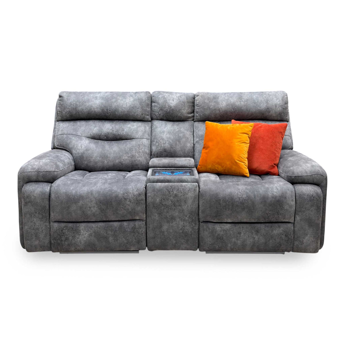 ‘Cinemax’ Marque Seal Grey Mq-0106 Fabric 2 Seater Media Console Power Recliner Sofa with Power Headrests