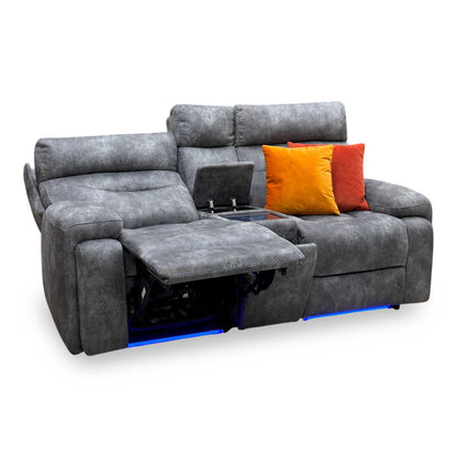 ‘Cinemax’ Marque Seal Grey Mq-0106 Fabric 2 Seater Media Console Power Recliner Sofa with Power Headrests
