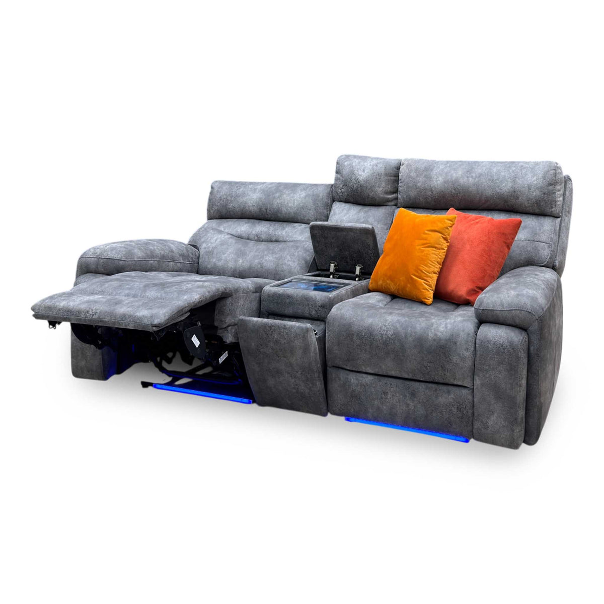‘Cinemax’ Marque Seal Grey Mq-0106 Fabric 2 Seater Media Console Power Recliner Sofa with Power Headrests