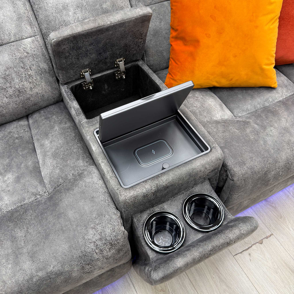‘Cinemax’ Marque Seal Grey Mq-0106 Fabric 2 Seater Media Console Power Recliner Sofa with Power Headrests