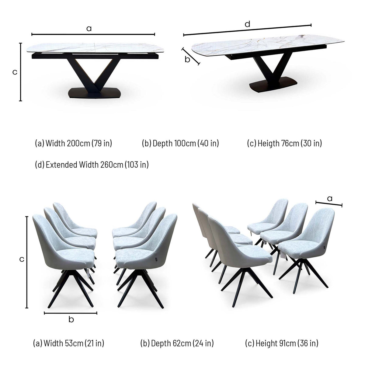Jose dining set dimensions: table width 200cm, depth 100cm, height 76cm, extended 260cm; chairs 53 x 62 x 91cm