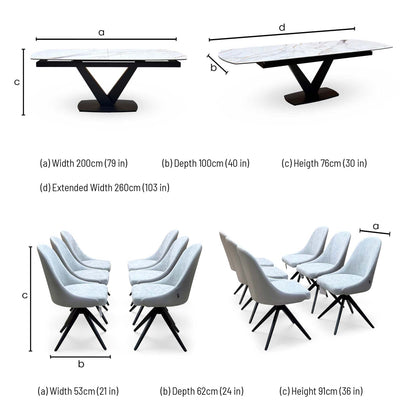 Jose dining set dimensions: table width 200cm, depth 100cm, height 76cm, extended 260cm; chairs 53 x 62 x 91cm